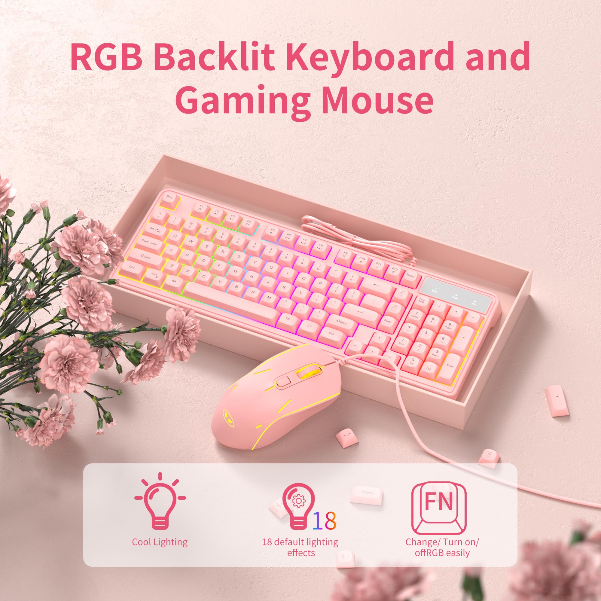 MageGee GK980 - Tastiera e mouse combinati, con retroilluminazione RGB cablata e mouse da gioco rosa, tastiera per PC e mouse con sensibilità regolabile per PC/loptop/MAC