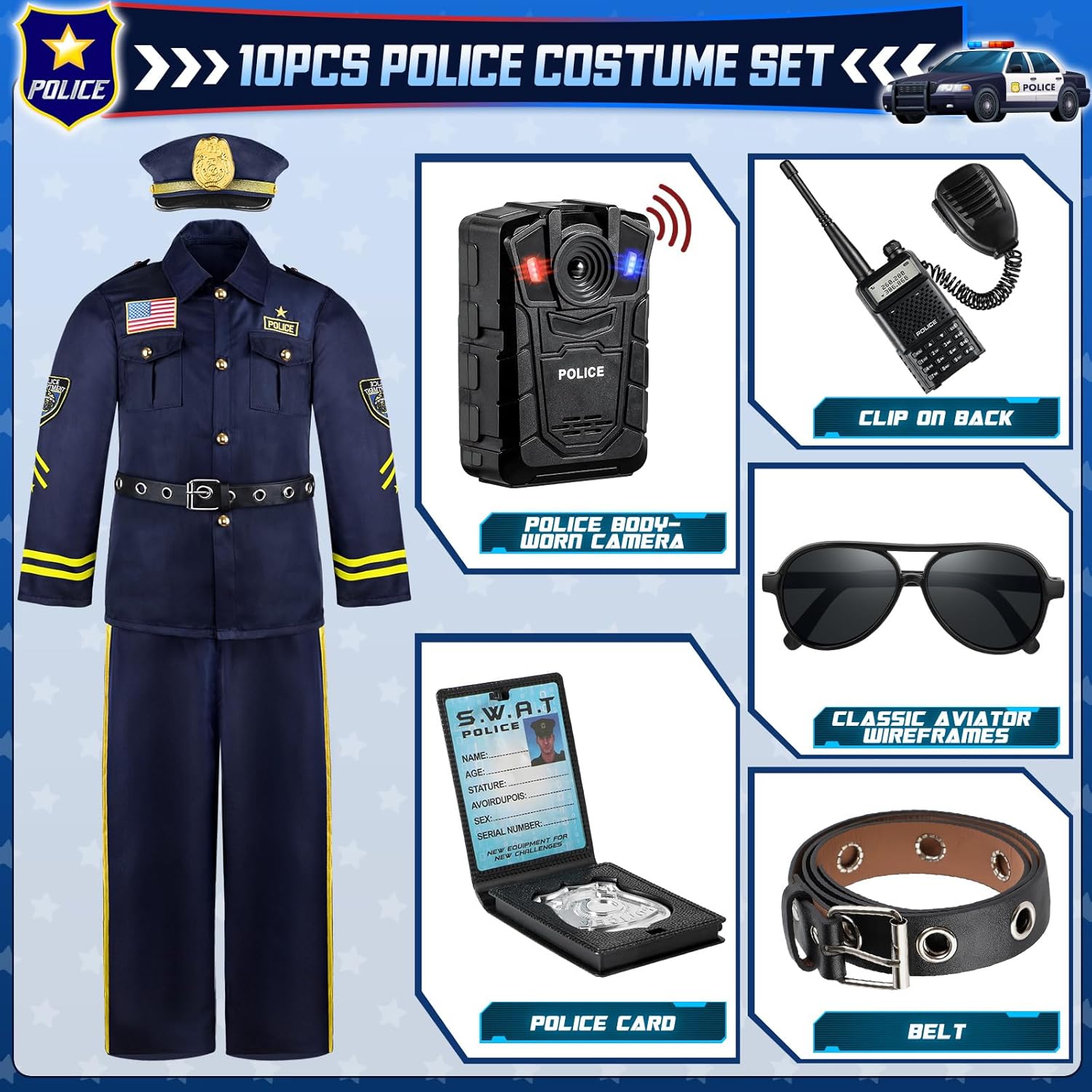Police Officer Costume for Kids, Cop Costume Outfit Set with Toy Accessories, Halloween Costumes for Boys - Image 3