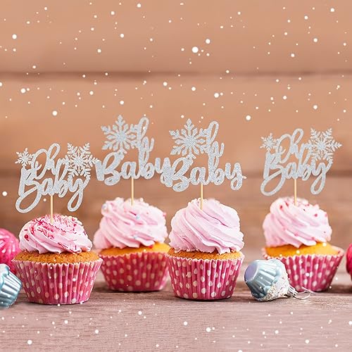 Miniatura 4 de Ercadio Paquete de 24 adornos de copos de nieve para cupcakes Oh Baby con purpurina plateada de copo de nieve Oh Baby para cupcakes de invierno