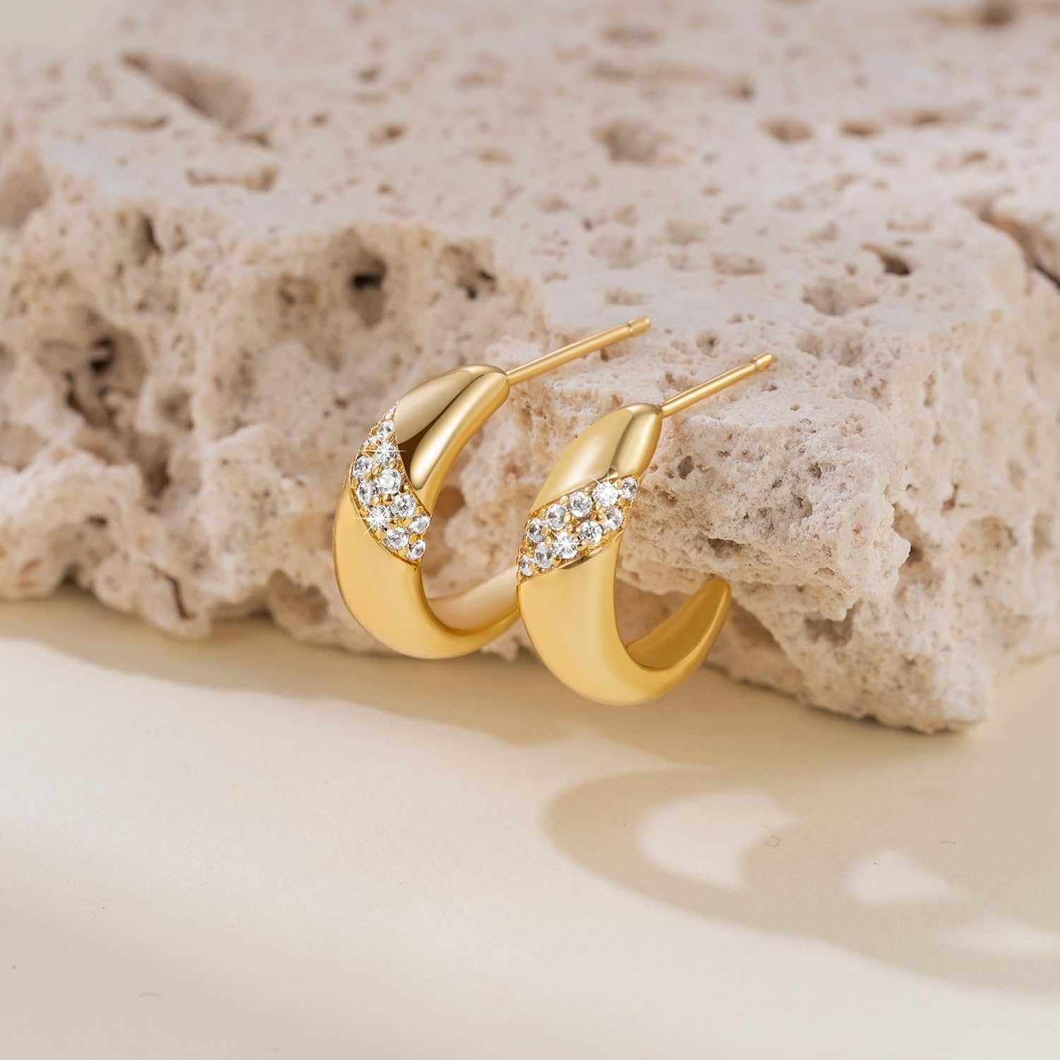 14K Gold Earrings for Women Gold Hoop Earrings for Women Hoop Earring for Womens Hoops Graceful Crescent Moon-Shaped Curve with Cubic Zirconia Hoops Stud Earring for Womens 18mm - Image 7