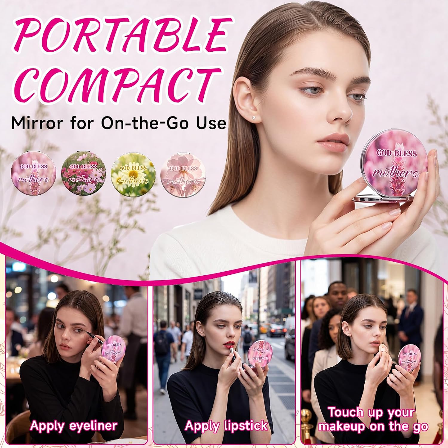 RattanView 12 Set Mini Christian Compact Mirrors Bulk Pocket Makeup Mirror Gifts with Inspirational Cards and Organza Bags Floral Blessing Mirrors Religious Gift for Women Church Party Favor