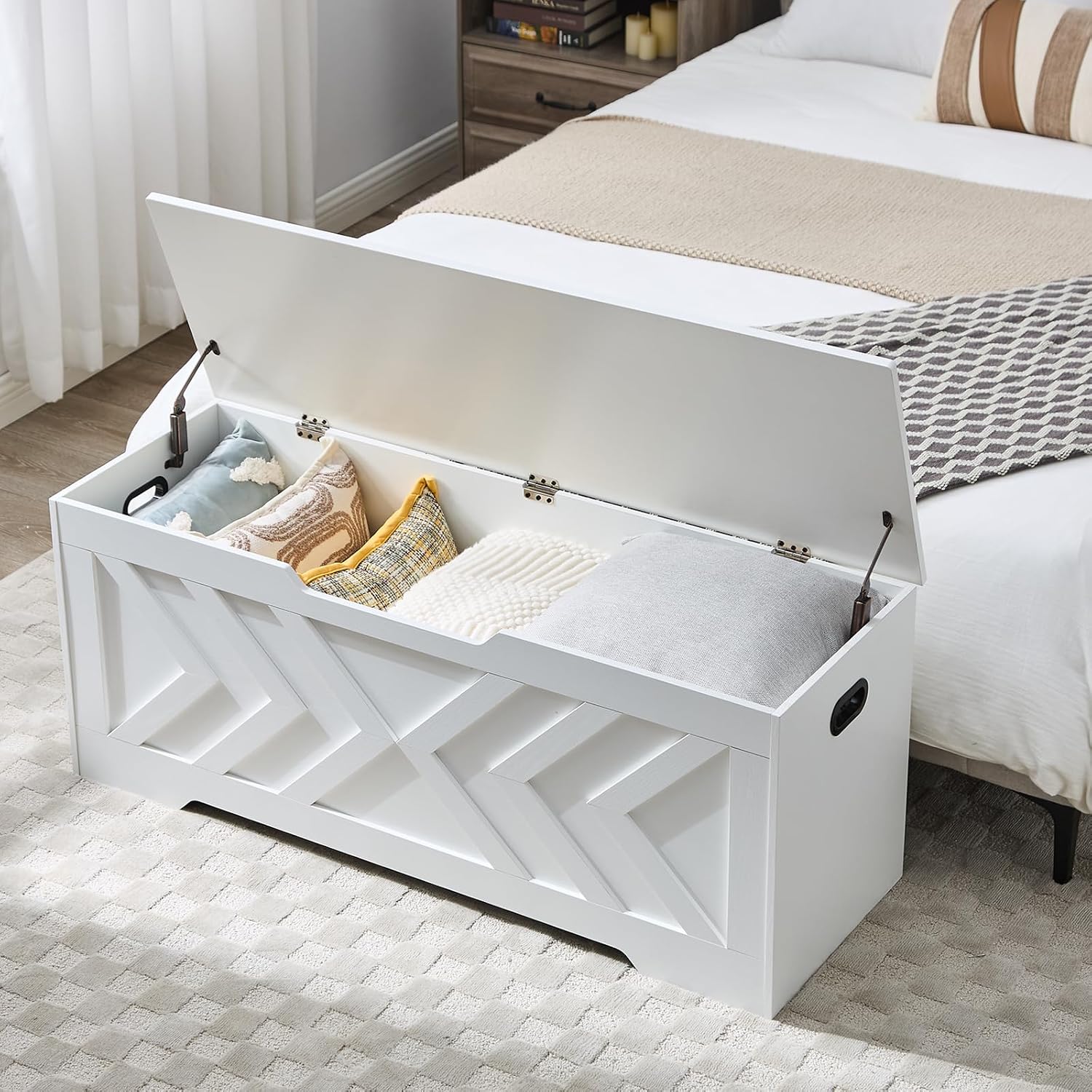 47.2” Storage Bench,Extra Large Wooden Storage Chest with 2 Safety Hinges,entryway Bench,Blanket Storage,Shoe Storage Bench for Entryway,Bedroom,Living Room,Easy Assembly. (White, 47.2x15.7x19)