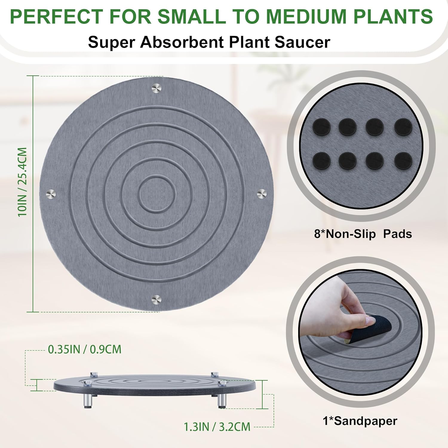 2Pcs 10 Inch Plant Saucers for Indoors, Instant Dry Diatomaceous Earth Plant Saucer, Plant Trays for Pots with Stainless Steel Feet, Plant Water Catcher Tray, Gray