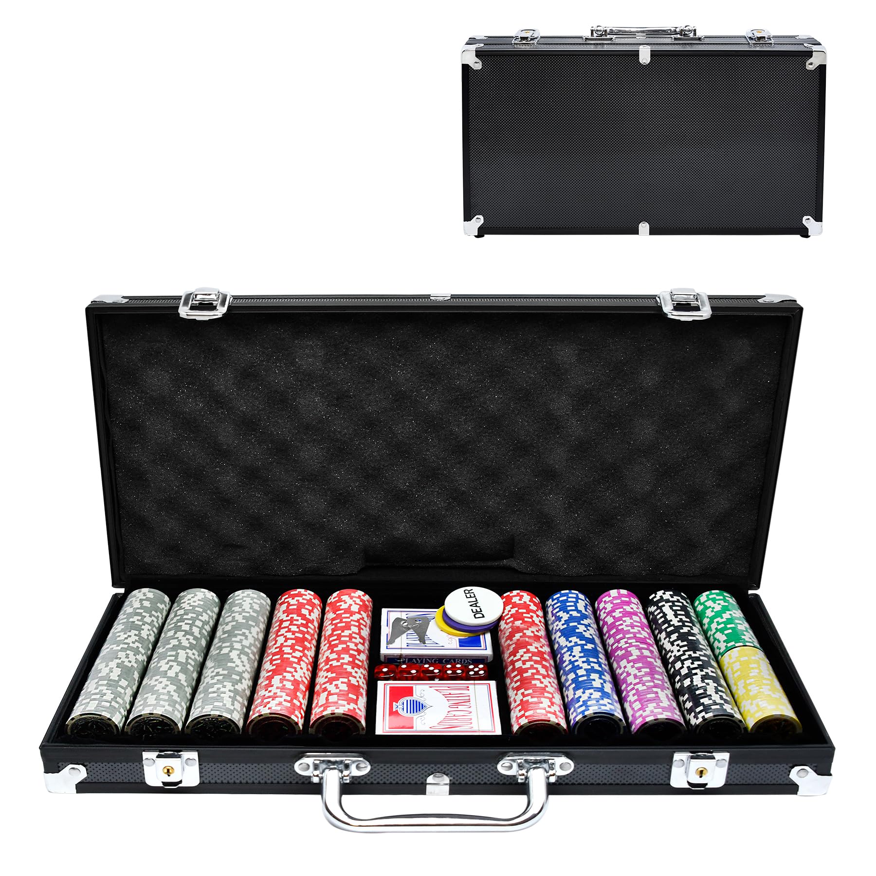SUBTLETY Juego de póquer con carcasa de aluminio, 500 fichas de póquer láser, incluye 2 barajas de póquer, 3 botones de distribuidor, 5 dados, 2 llaves (negro)
