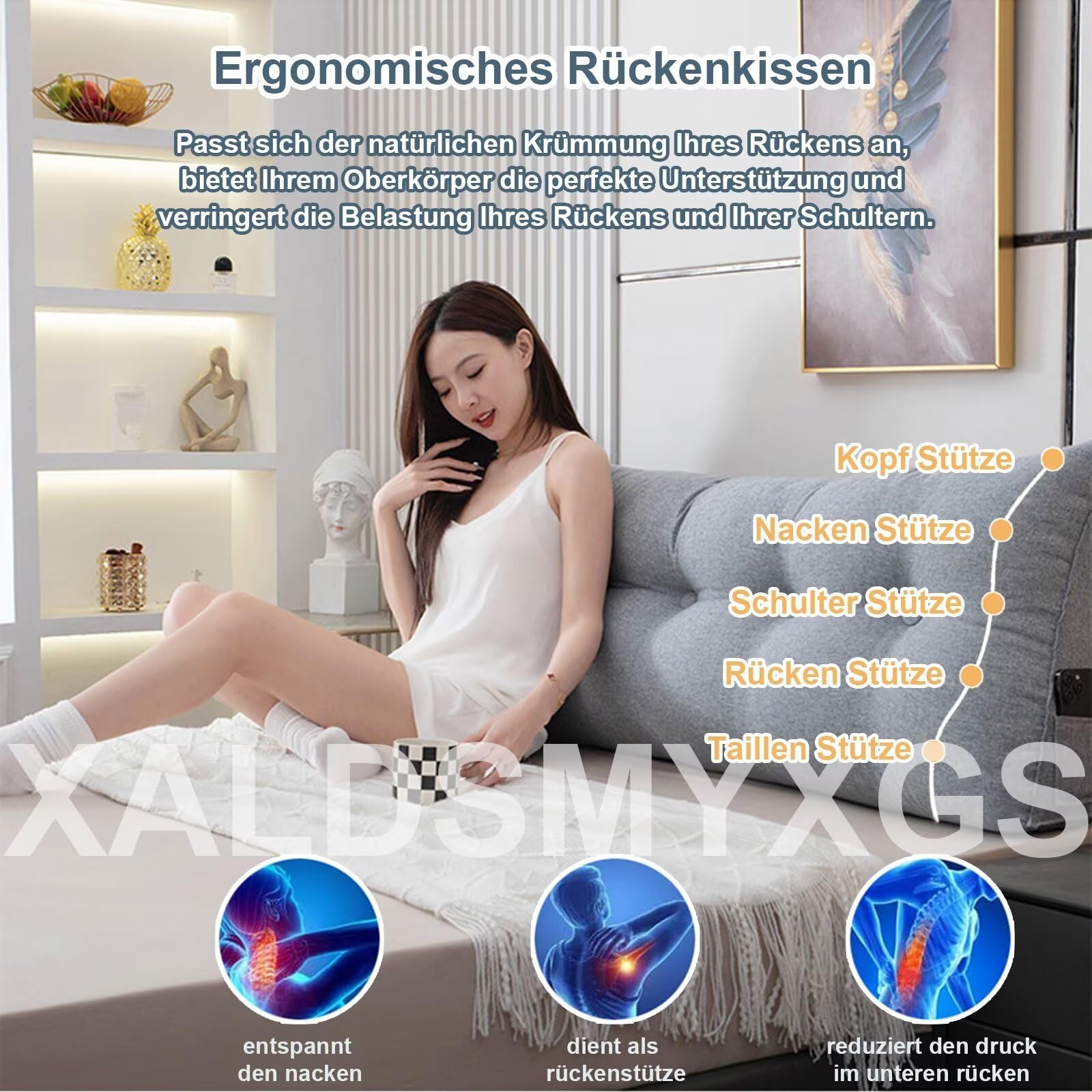 Rückenkissen Bett 180cm Beige, Leinen Rückenlehne Kissen, Keilkissen Bett kopfteil, Waschbar Abnehmbar Lesekissen für Bett und Sofa, Rückenstützkissen Lendenkissen mit Seitentasche