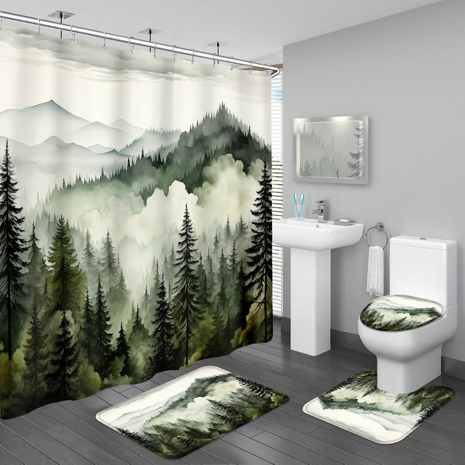 4PCS Dark Green Misty Forest Bathroom Sets with Shower Curtain and Rugs, Rustic Woodland Shower Curtain Sets with Rugs, Nature Mountain Landscape Bathroom Curtains Shower Set