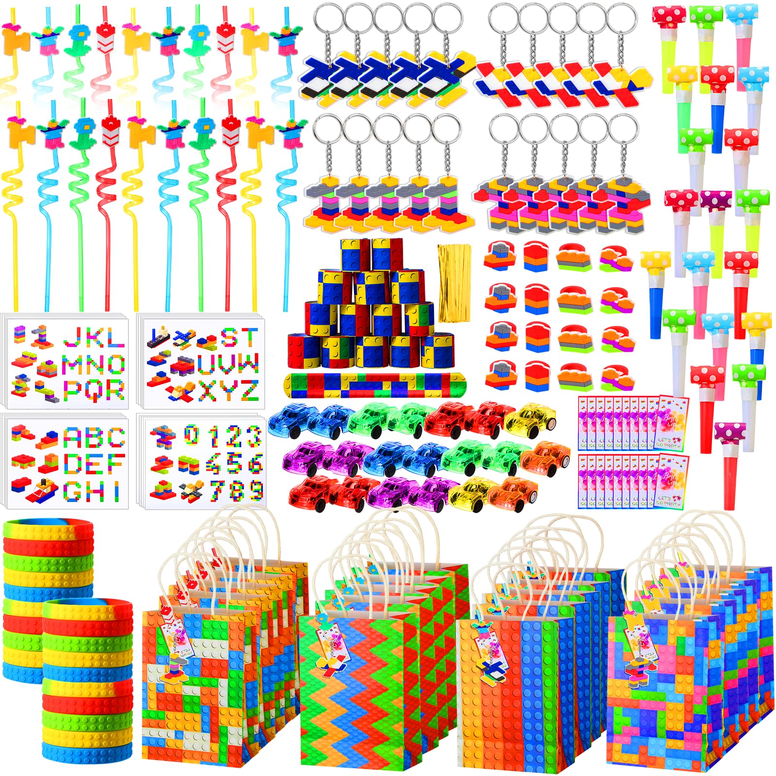 201 Pcs Building Block Party Favors Set for 20 Kids Slap Bracelet Wristband Keychain Straw Pull Back Car Cup Sticker Card Blowout Noise Maker Rings for Birthday Classroom Prize(Stylish)