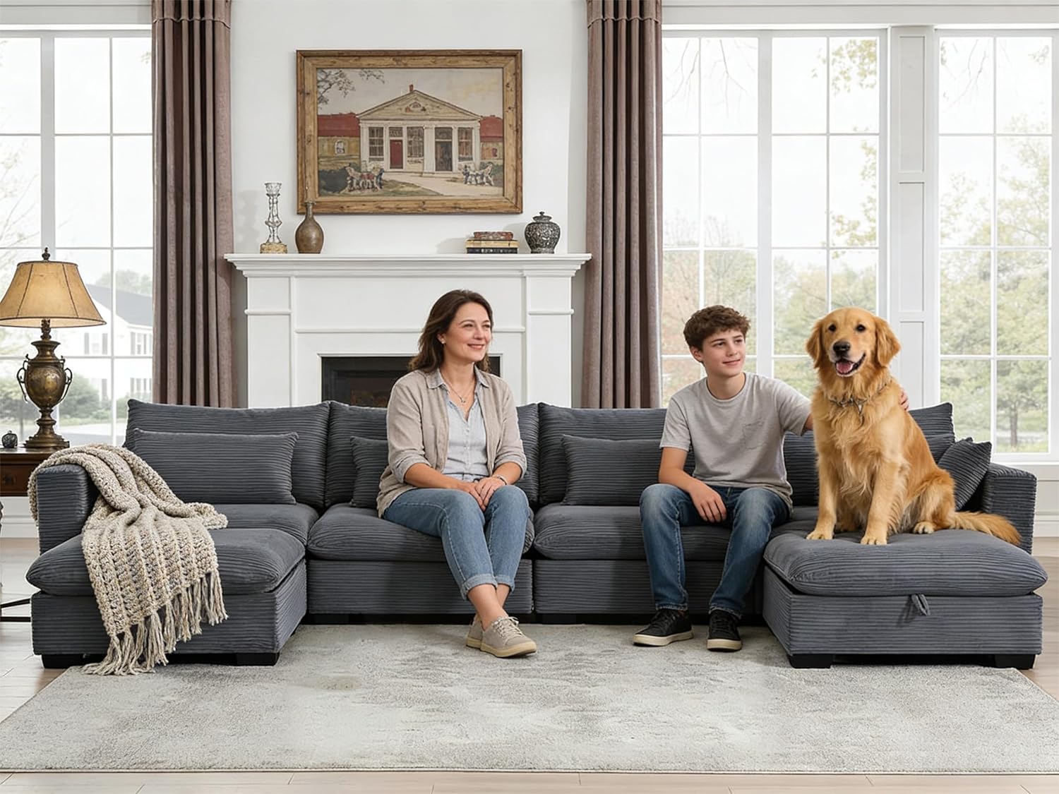 asunflower 158" 4-Seater Oversized Modular Sectional Sofa for Living Room,Sectional Couches with 2 Storage Ottomans,U-Shaped Corner Cloud Couch Corduroy Deep Seat Sofa, Easy Assembly (Dark Grey)