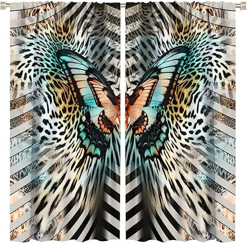 Cortinas opacas con estampado de leopardo y mariposa, patrón moderno de piel de animales salvajes, cortinas de tratamiento de ventana para sala de