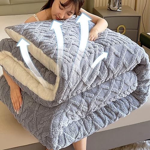 Miniatura 5 de CHDGSJ Edredón de felpa de cordero grueso de doble capa, edredón cálido para invierno, edredón jacquard a cuadros de hibisco, manta de cama gruesa