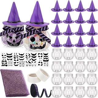 16 Sets Halloween Pumpkin Candy Jars Halloween DIY Craft Pumpkin Party Favors Trick or Treat Kit Plastic Cookie Candy Jars with Lids Witch Hat Stickers Mesh Ribbon Glue Decoration(Purple)