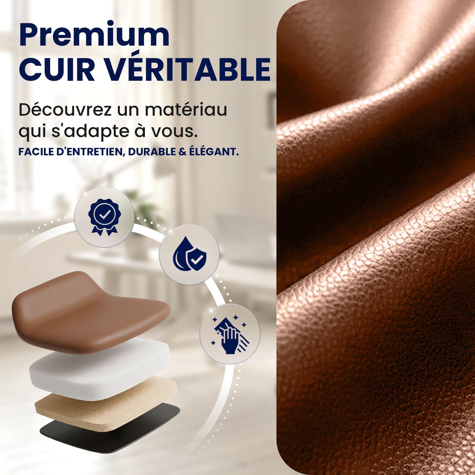 CLP Fauteuil de Bureau Ergonomique avec Repose-Pieds Dahra, Chaise de Bureau rembourree en Cuir veritable, pivotant, Hauteur reglable, Charge 135 kg | Couleur Marron