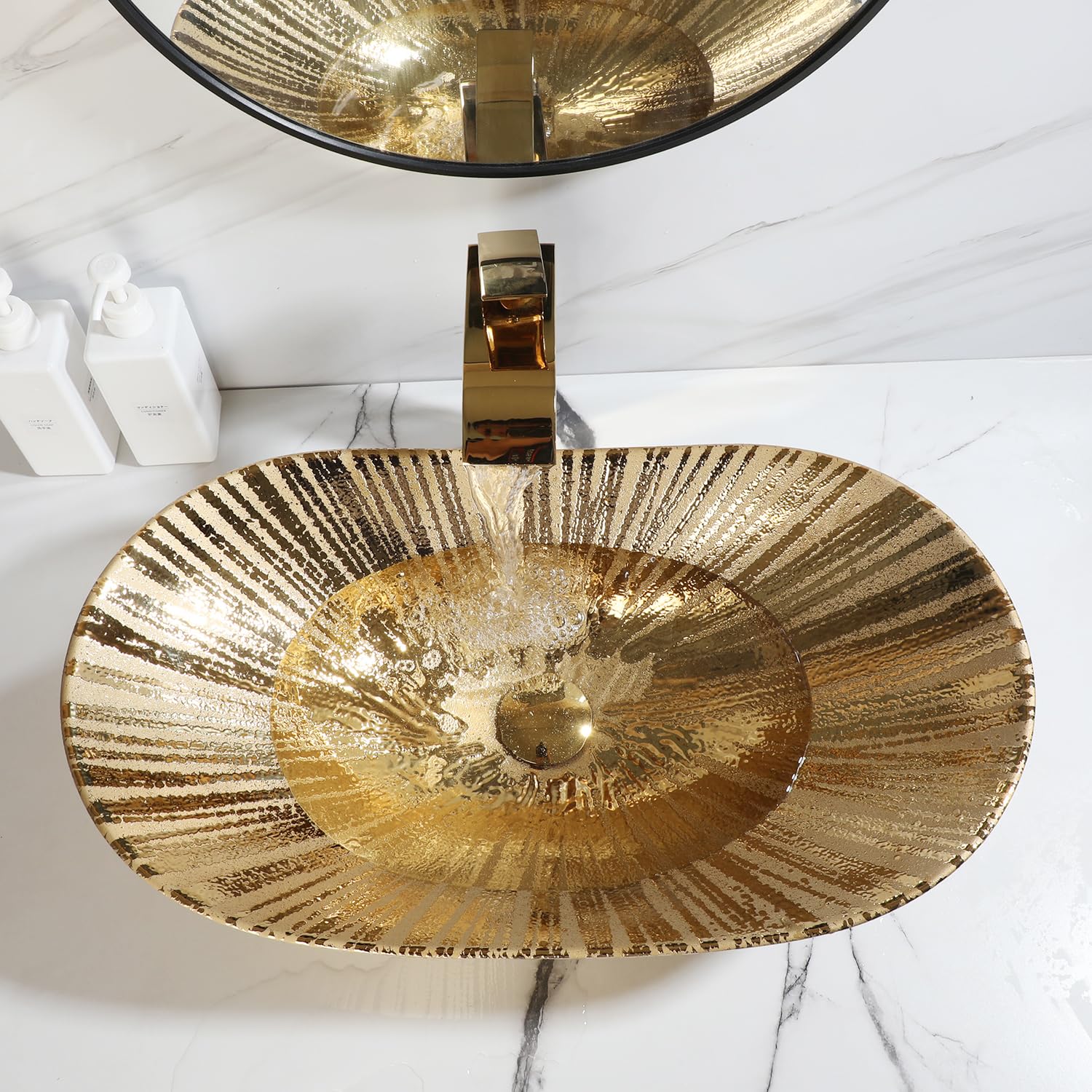 Gold Badezimmer Gefäß Waschbecken Oval Combos Wasserhahn und Ablauf-Set Keramik Waschbecken über Theke Schüssel Waschbecken für Badezimmer Bootsform Gefäß Waschbecken Gold Badezimmer