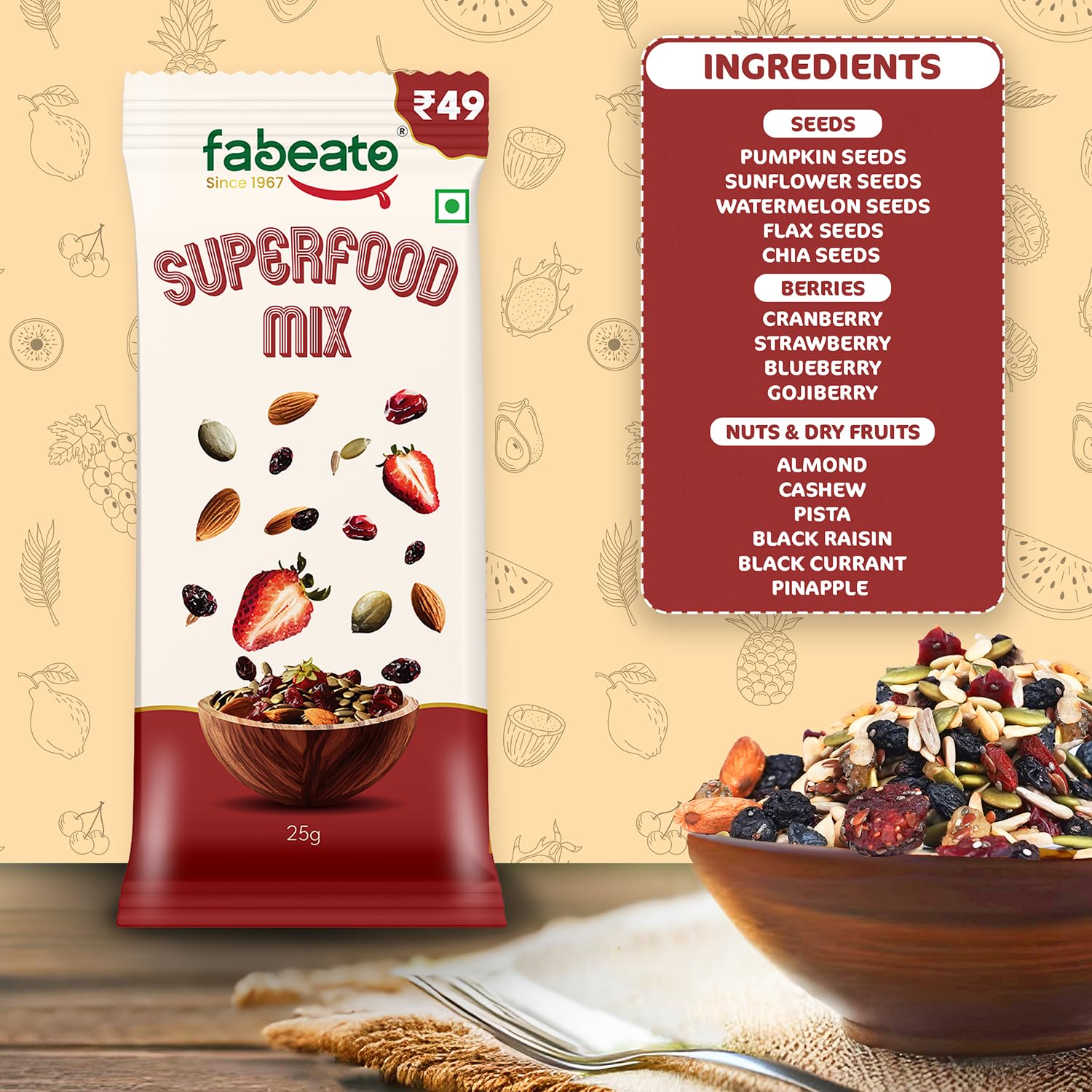 Fabeato Munch on the Go Snack Premium Superfood Mix | Nüsse, Trockenfrüchte, Samen und Beeren | reich an Ballaststoffen, reich an Eiweiß | Jeder Beutel 25 g | 10 Stück