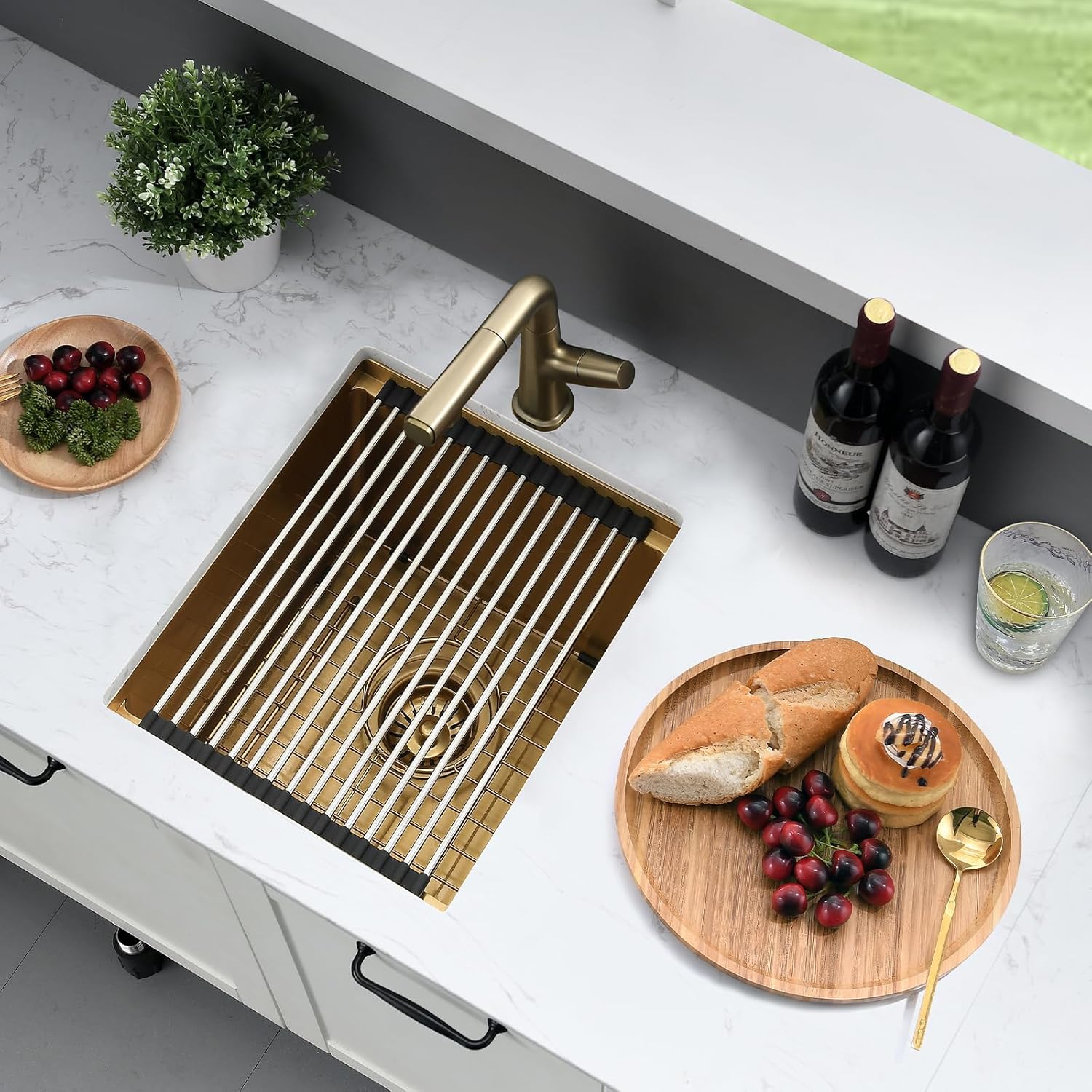 Gold Undermount Bar Sink Workstation,16x19 Small Kitchen Sink Brushed Gold Bar Sinks Undermount 18 Gauge Single Bowl Stainless Steel Kitchen Sinks with Cutting Board