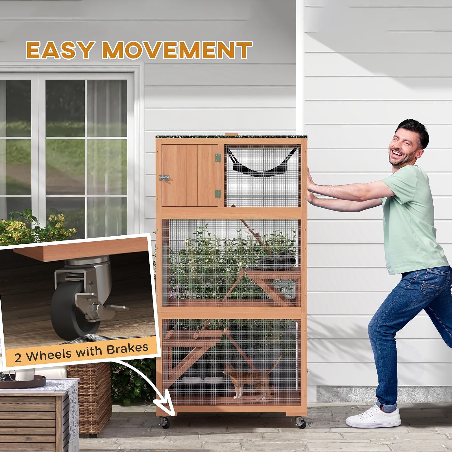 PawHut 2 Piece Catio, Outdoor Cat Enclosure House, Wooden Feral Cat Shelter on Wheels, Cat Cage with Hammocks, Platforms Ramps, and Weather Protection Asphalt Roof, 34", Orange