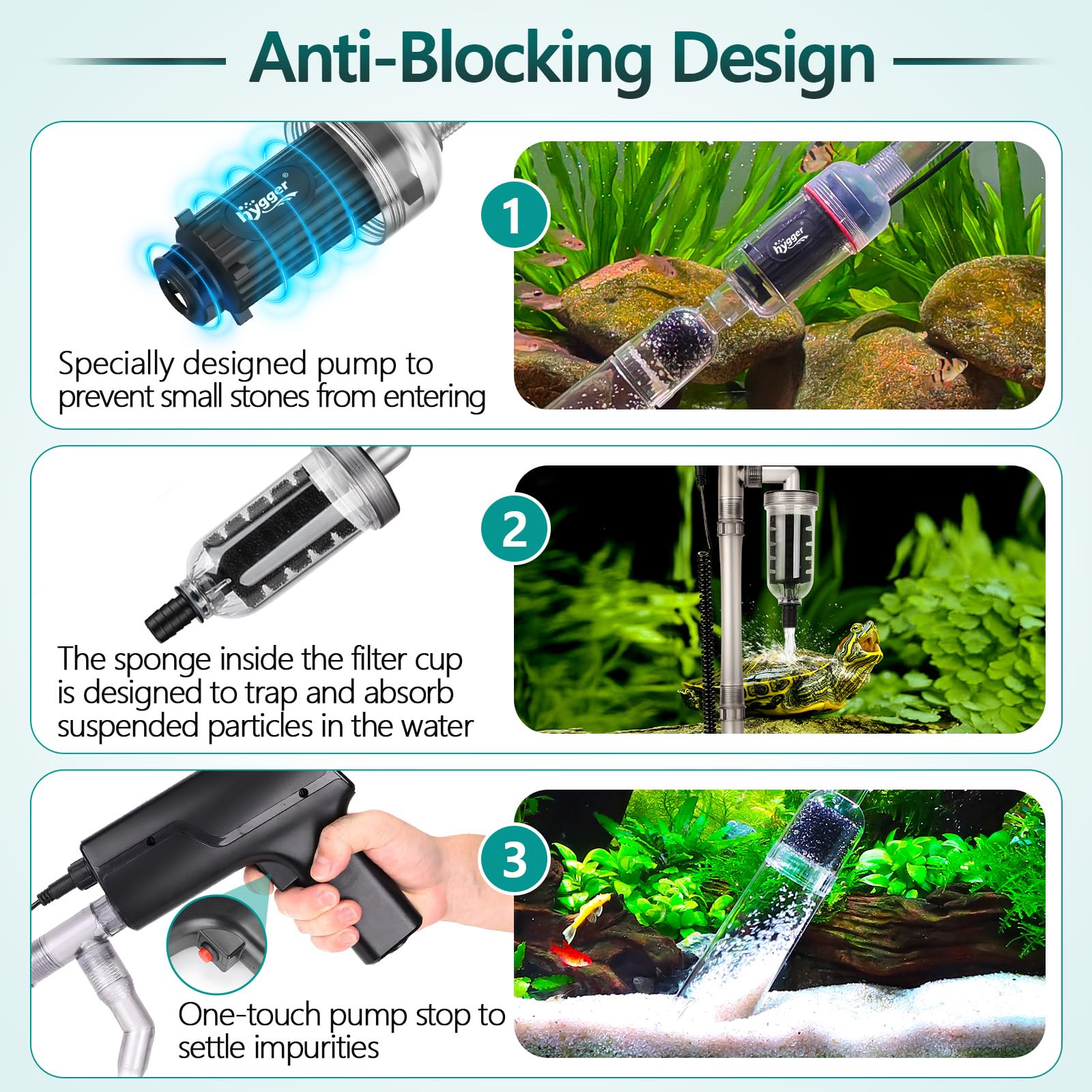 Hygger Limpiador de Grava para Acuarios,2000L/H Cambiador de Agua Eléctrico para Peceras 15W Multifuncional Aspirador para Acuario