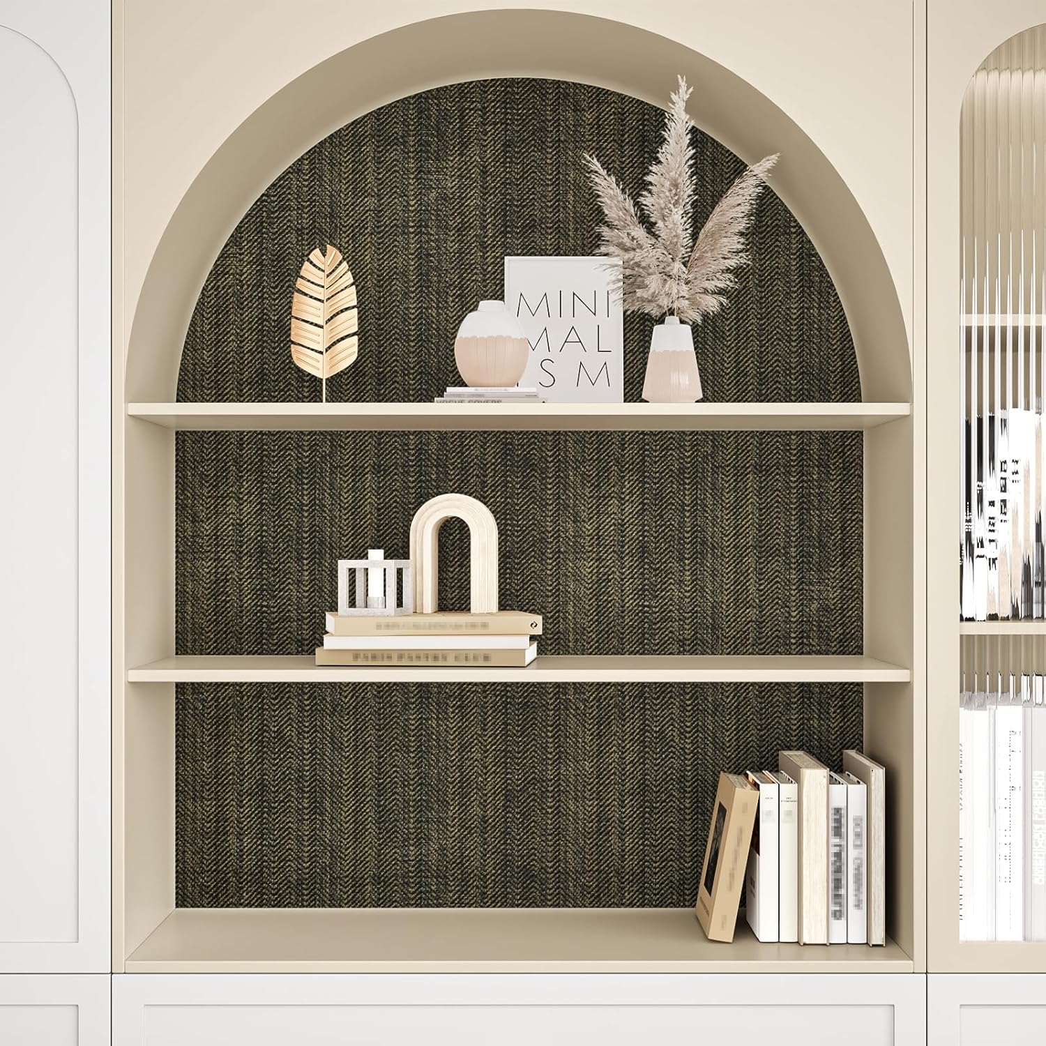 VEELIKE Black Gold Metallic Grasscloth Wallpaper 15.7''x354'' Textured Herringbone Peel and Stick Wallpaper Grasscloth Contact Paper for Cabinets Self Adhesive Vinyl for Living Room Walls Shelf Liners