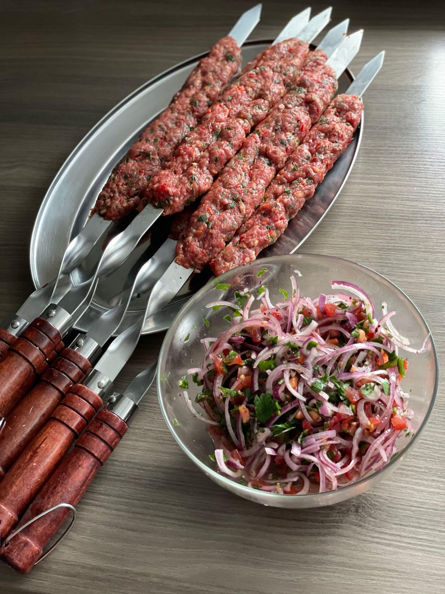 6 Edelstahl Grill-Spiesse mit Holzgriff - 60cm lang / 2cm breit / 2mm Stark - Lula Lulu Kebab Adana Tschelo Köfte