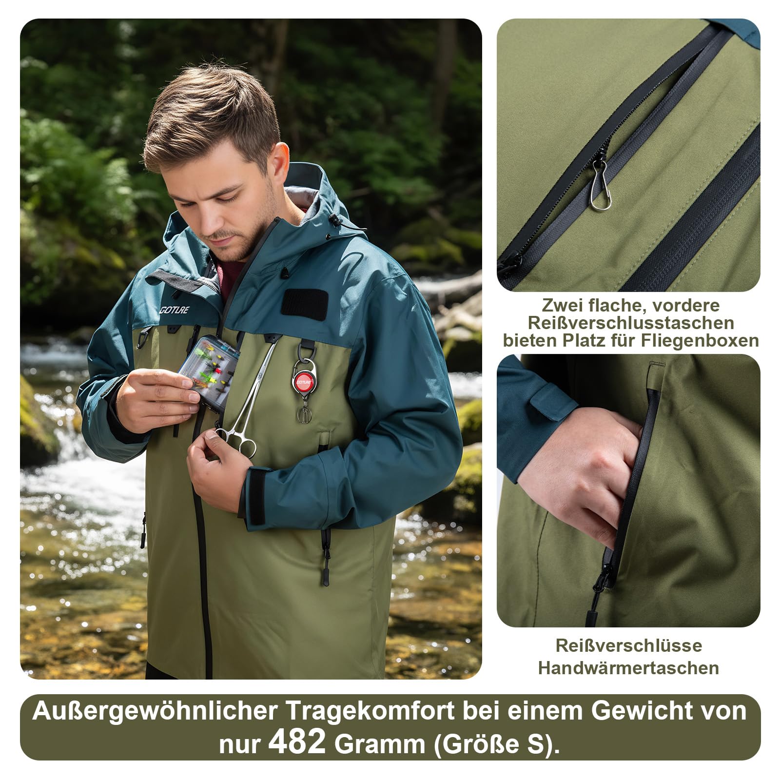 Goture Fliegenfischerweste Fliegenfischen Waten Jacke - Wasserdicht 15.000 mm & Atmungsaktiv mit Brusttaschen, Verstellbarer Kapuze, Handwärmetaschen für Angeln, Jagd, Outdoor Männer und Frauen