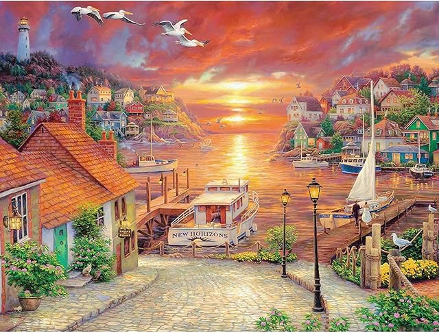 DAERLE Diamond Painting Landscape, Diamond Art, Sun Diamond Art, Diamond Painting Kits for Adults, Diamond Art Kits Adults, City by The Sea Diamond Painting Kits for Kids Wall Decor 40x30cm/16x12in