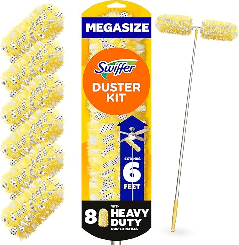 Swiffer Kit de plumero con mango súper extensible de 6 pies, kit de inicio resistente con 8 recambios