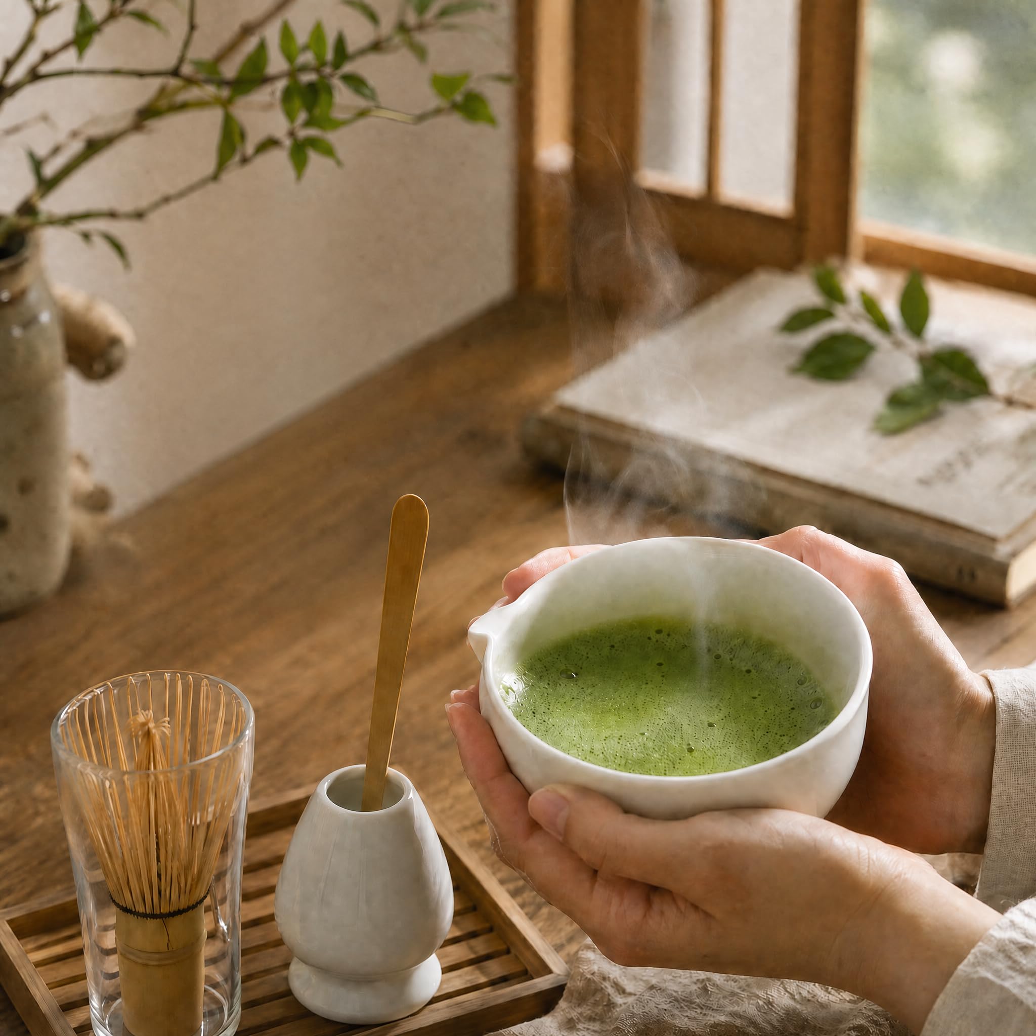 Matcha Schneebesen Set 4-teilig, mit 510.3 g Keramik Matcha Schüssel mit Ausgießer, Bambus-Schneebesen, Halter, Schaufel, für tägliche Rituale & ideales Geschenk für Teeliebhaber, elegantes modernes