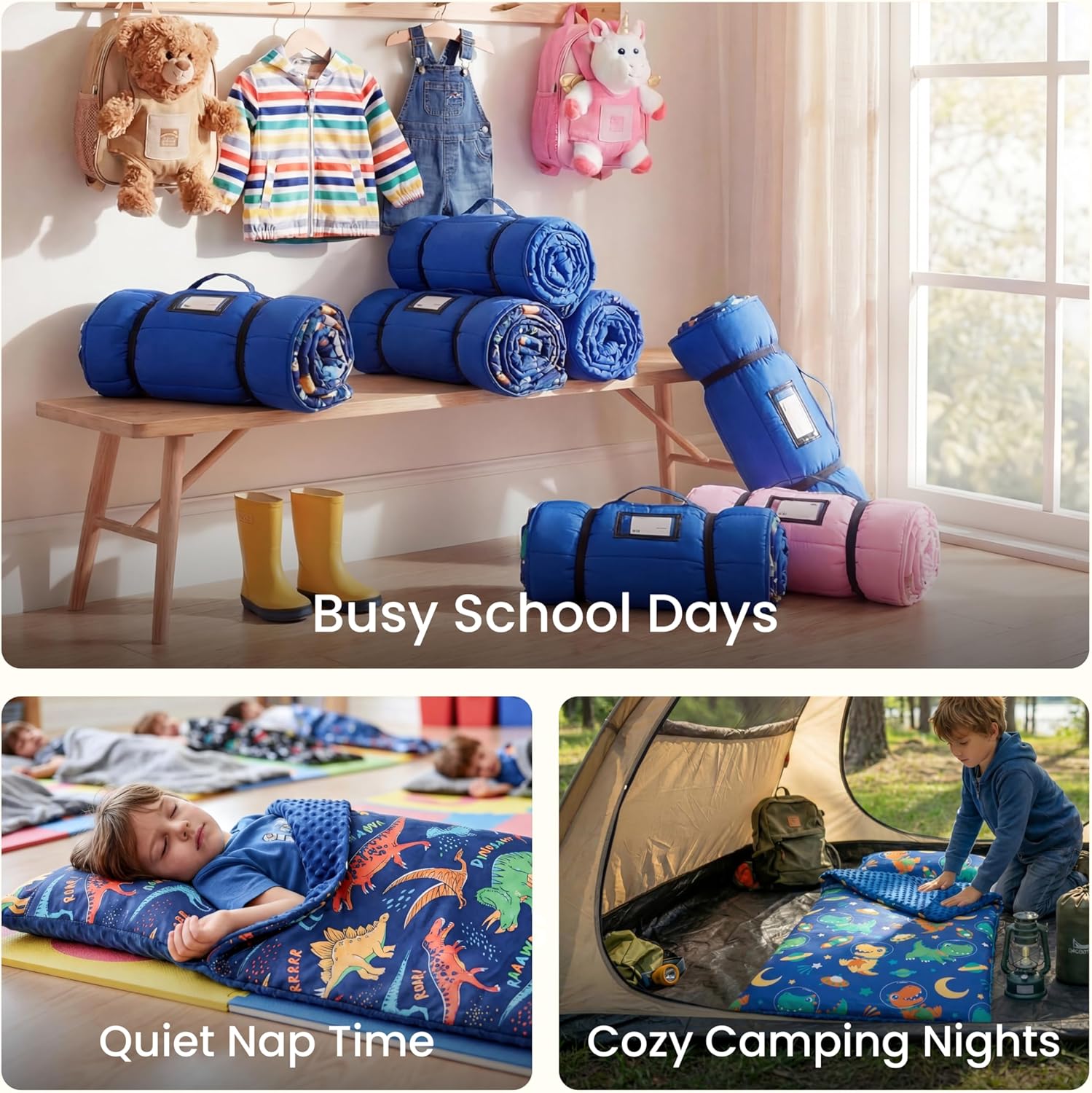 JOIEDOMI Toddler Sleeping Bag for Kids 55''x30'' Nap Mat with Removable Pillow and Minky Blanket for Toddler Ages 3-7 Roll Up Soft Kids Sleeping Bag for Boys Girls Kindergarten Daycare Sleepover