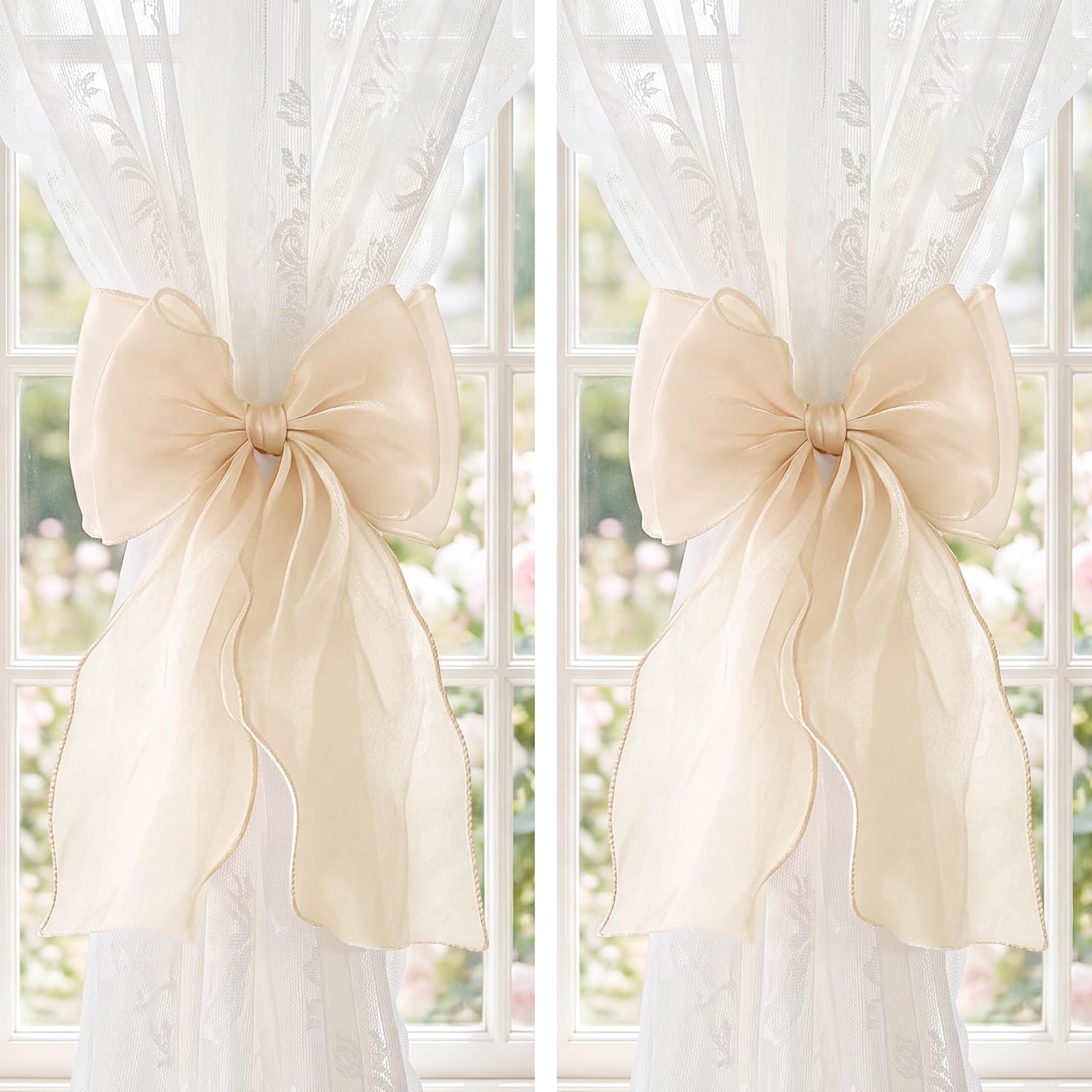 PONY DANCE Pink Bow Curtain Tiebacks for Pink Home Decor, Coquette Decor, Elegant Ribbon Curtain Ties for Bedroom Girls' Room, Soft Lace Silky, 2 Panels