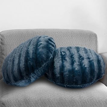 Cheer Collection Faux Fur Pillows - Decorative Round Throw Pillows for Couch & Bed - Machine Washable - 18" - Blue Set of 2