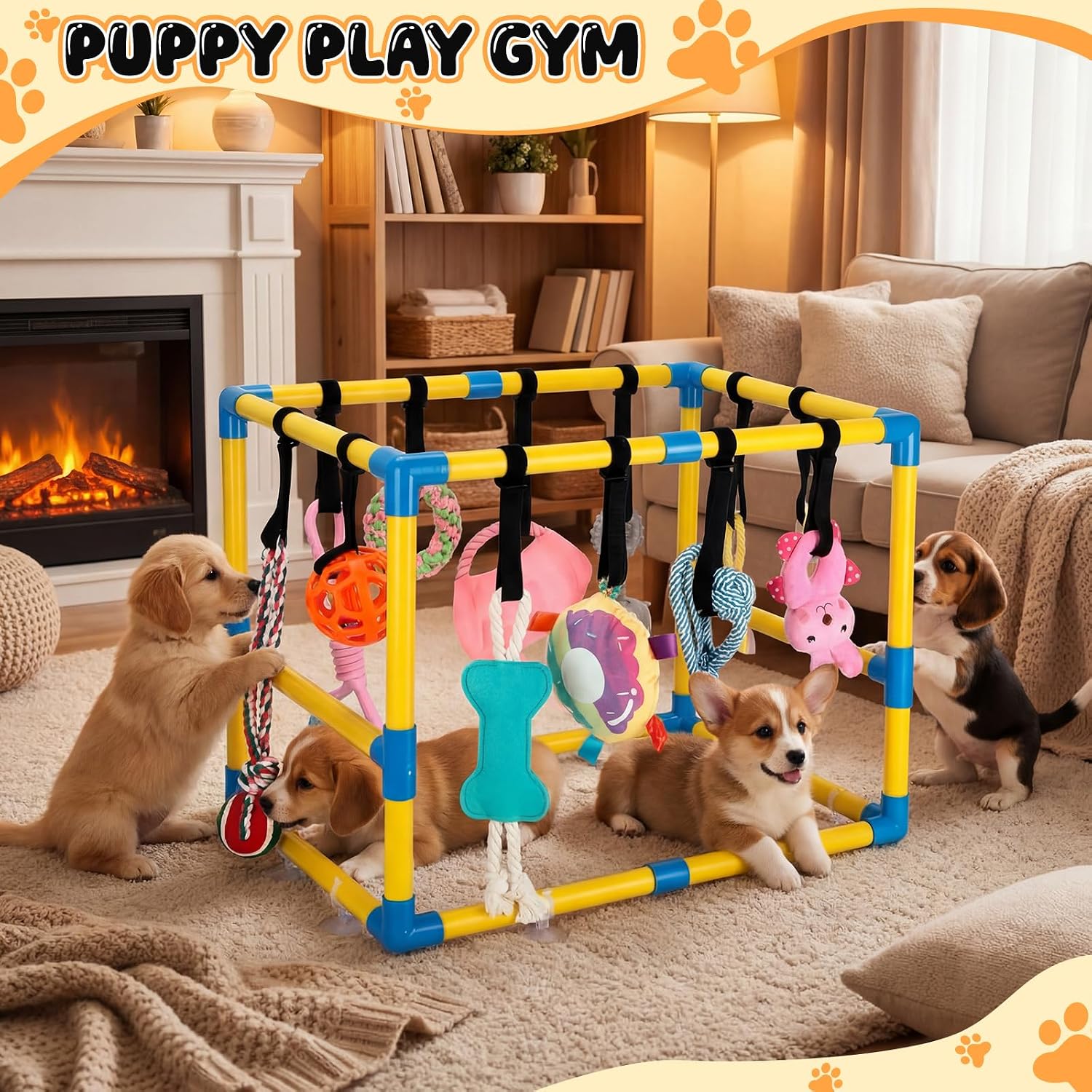 Puppy Play Gym Playground with Hammock 12 Dog Toys Removable Dog Enrichment Playground, Interactive Indoor Training Center for Small Dogs and Puppies, Teething with Squeaky Toys