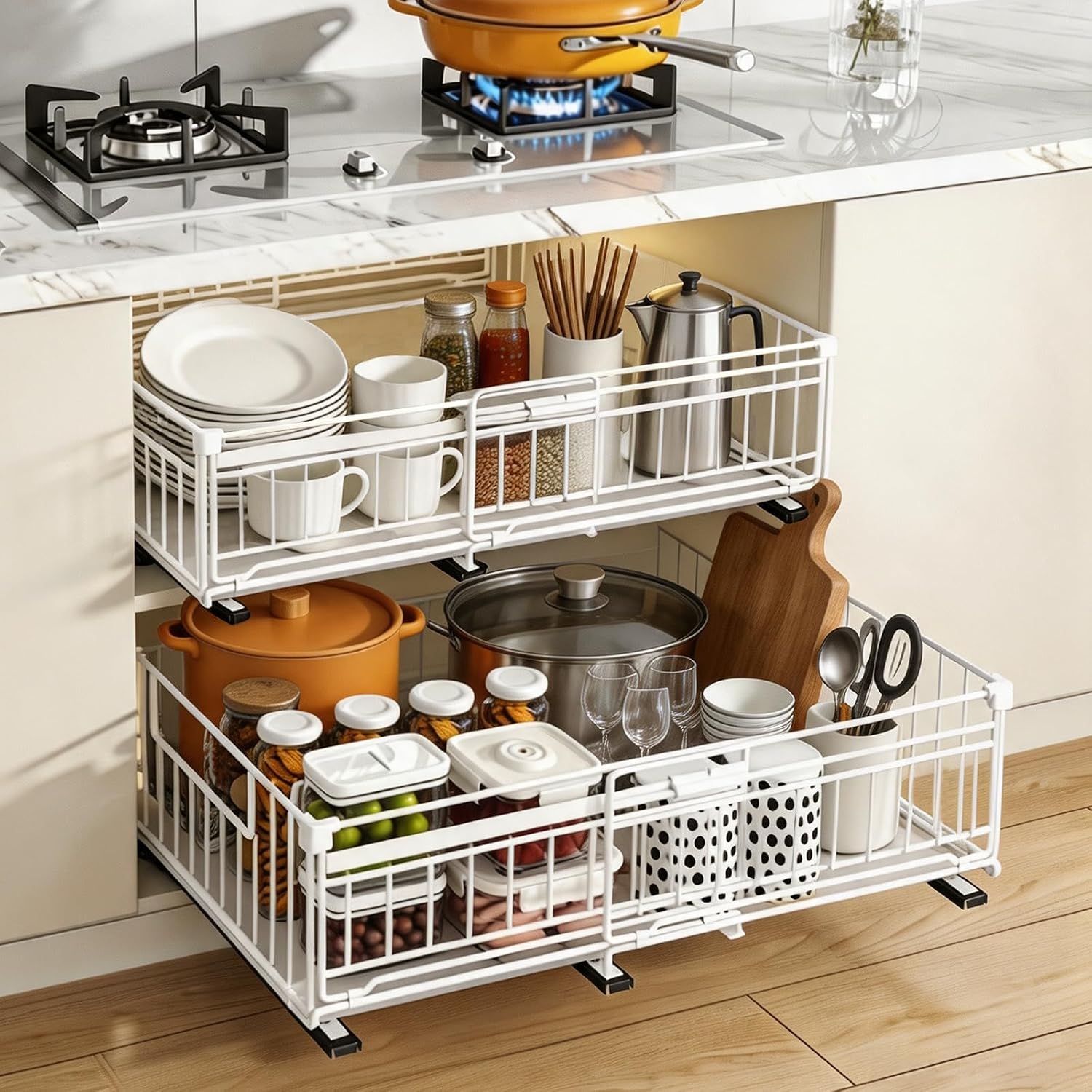 2 Pack Expandable Pull Out Cabinet Organiser Adjustable Width (12.8"-19.7") Pull Out Drawers for Cabinets No Drill Adhesive Slide Out Kitchen Drawer Shelf for Under Sink, Cupboard, Pantry