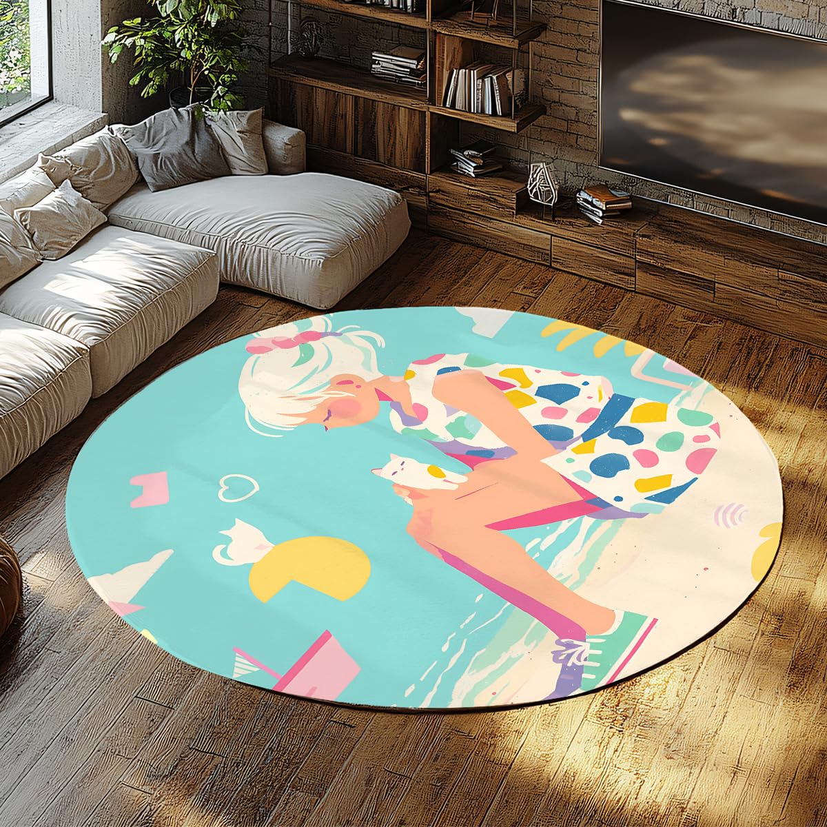 Tapis rond 120cm antidérapant pour protéger le sol des chats