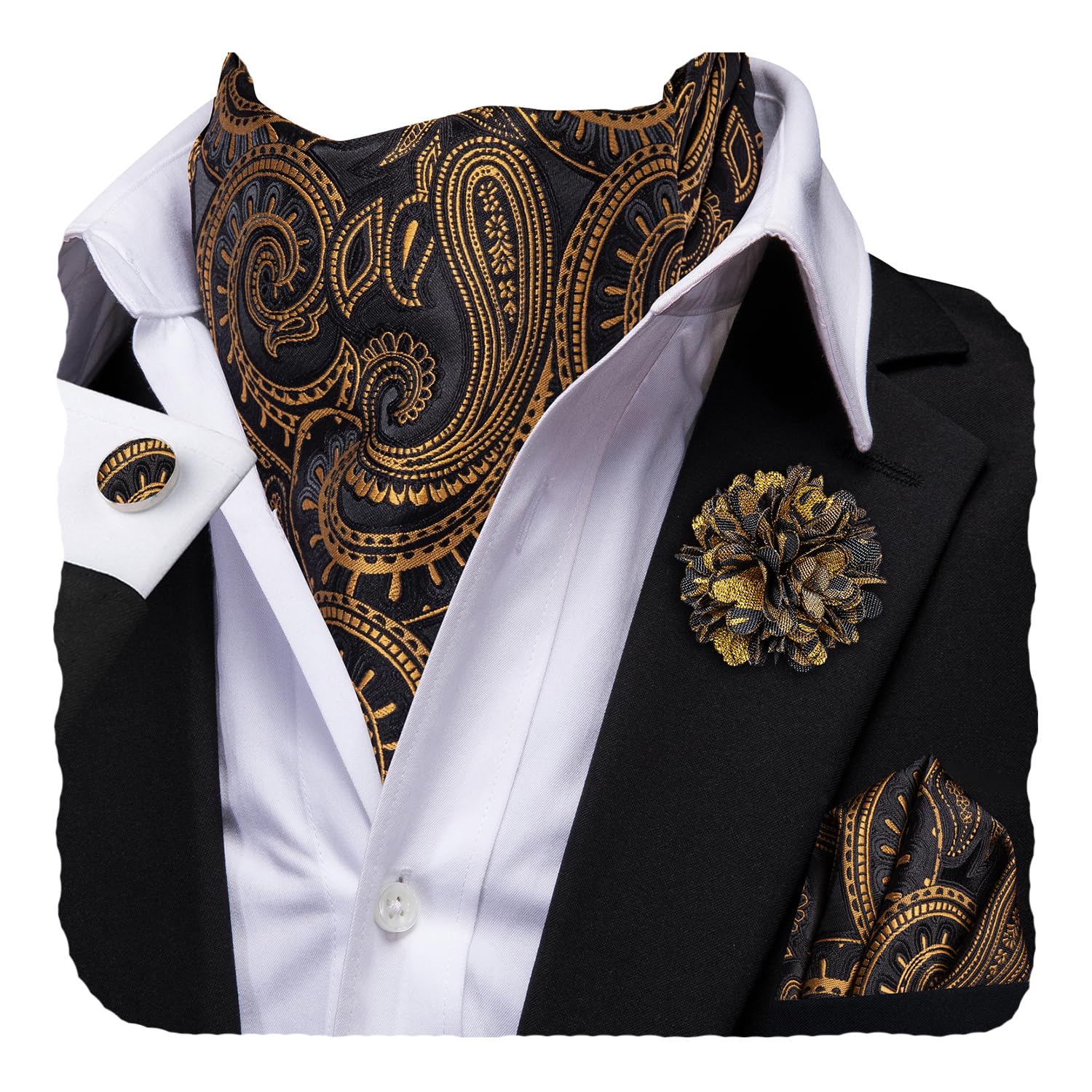 Hi-Tie Silk Ascot for Men Self Tie Men's Cravat and Flower Lapel Pin Handkerchief Cufflinks Set for Wedding Party