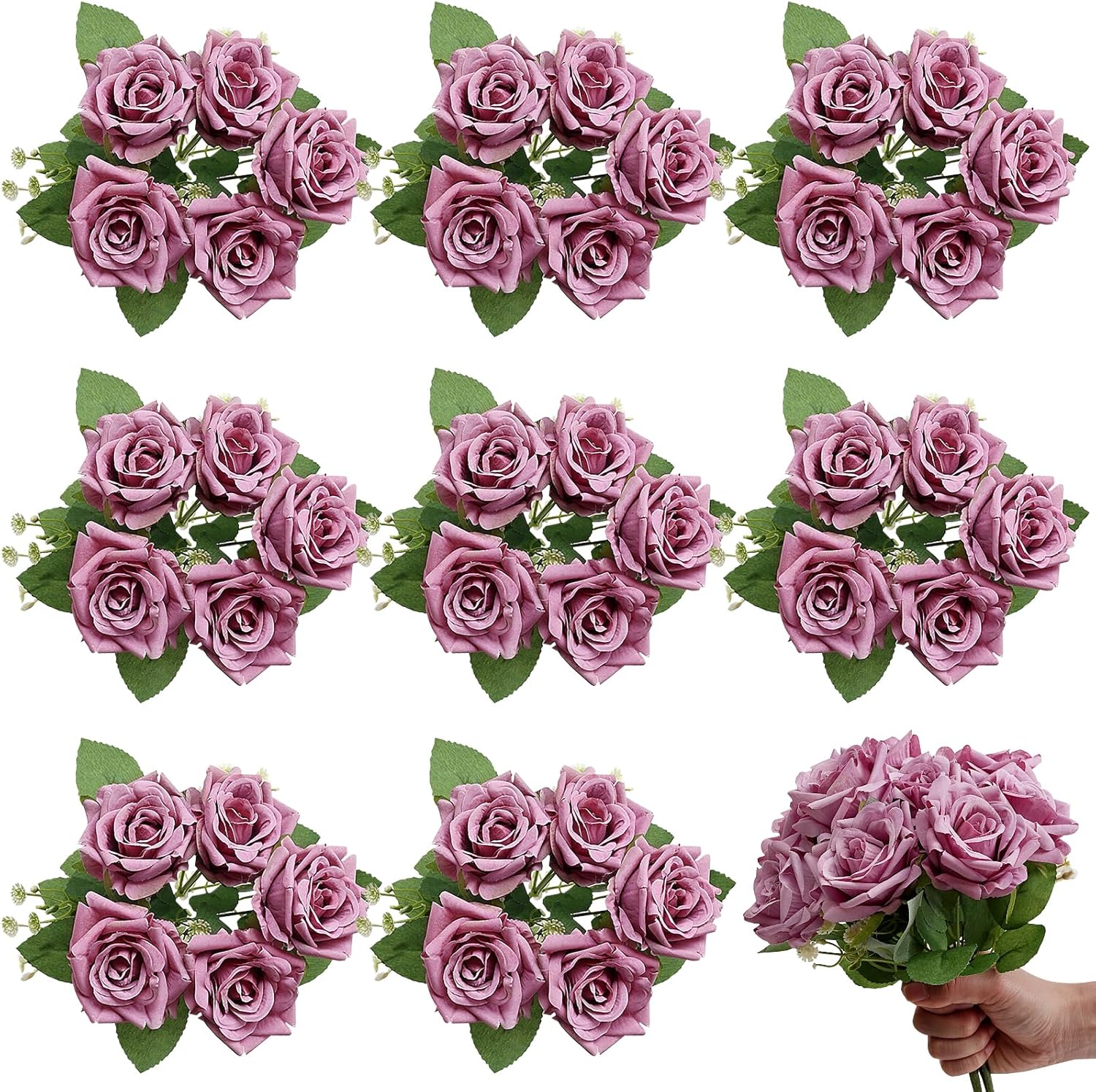 Artificial Roses Bouquets - 8 Bundles Fake Silk Flowers Realistic Faux Florals Bulk for Wedding Bridal Party Baby Shower Event Home Arrangements Centerpieces Decorations (Champagne)