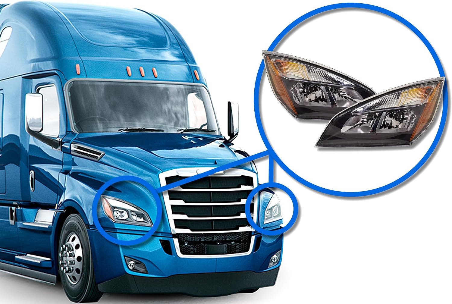 KOZAK Halogen Headlights Headlamps Set (Right Passenger & Left Driver Side) Compatible with Freightliner Cascadia 2018 and Newer Includes Logo, 2x 22 Wipers, License Plate Frame, and Reflective Vest
