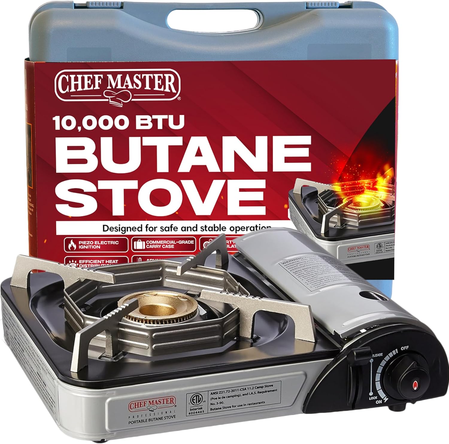 Chef-Master 90011 Butane Countertop Stove, 10 000 BTU Portable with Carry Case, High Performance, Piezo Ignition, Brass Burner, Safety Stop Chef-Master 90011 Butane Countertop Stove, 10 000 BTU Portable with Carry Case, High Performance, Piezo Ignition, Brass Burner, Safety Stop