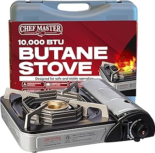 Chef-Master 90011 Butane Countertop Stove, 10 000 BTU Portable with Carry Case, High Performance, Piezo Ignition, Brass Burner, Safety Stop