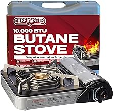 Chef-Master 90011 Butane Countertop Stove, 10 000 BTU Portable with Carry Case, High Performance, Piezo Ignition, Brass Burner, Safety Stop