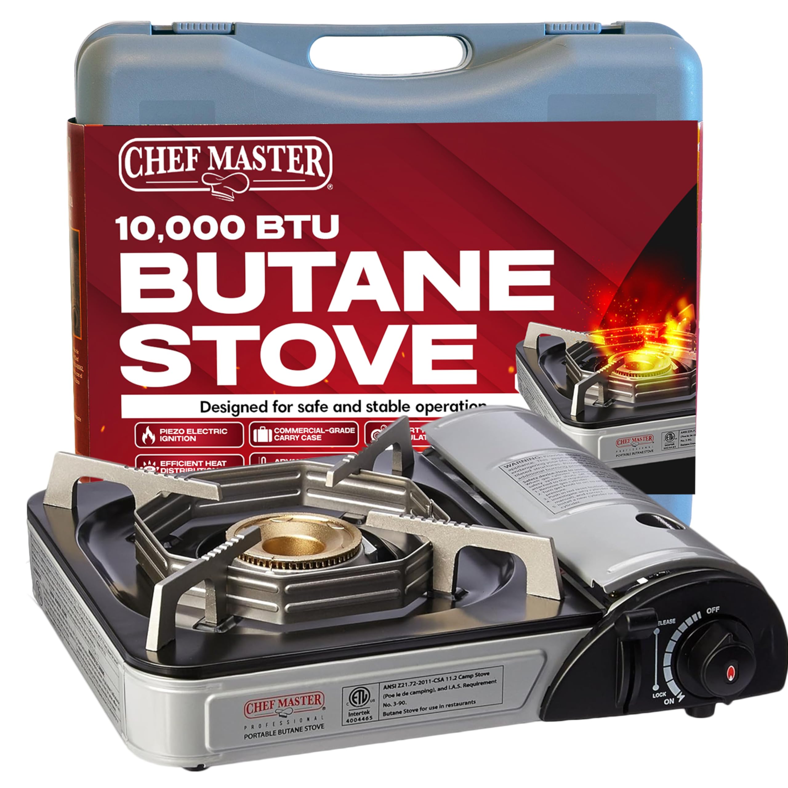 Chef-Master 90011 Butane Countertop Stove, 10 000 BTU Portable with Carry Case, High Performance, Piezo Ignition, Brass Burner, Safety Stop