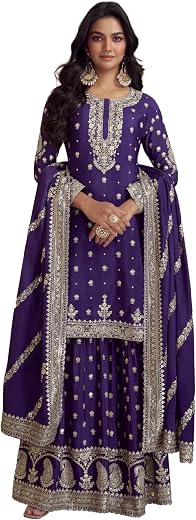 Miss Ethnik Women's Pink Chinon Stitched Top With Stitched Chinon Bottom and Chinon Dupatta Full Sleeve Embroidered Straig...