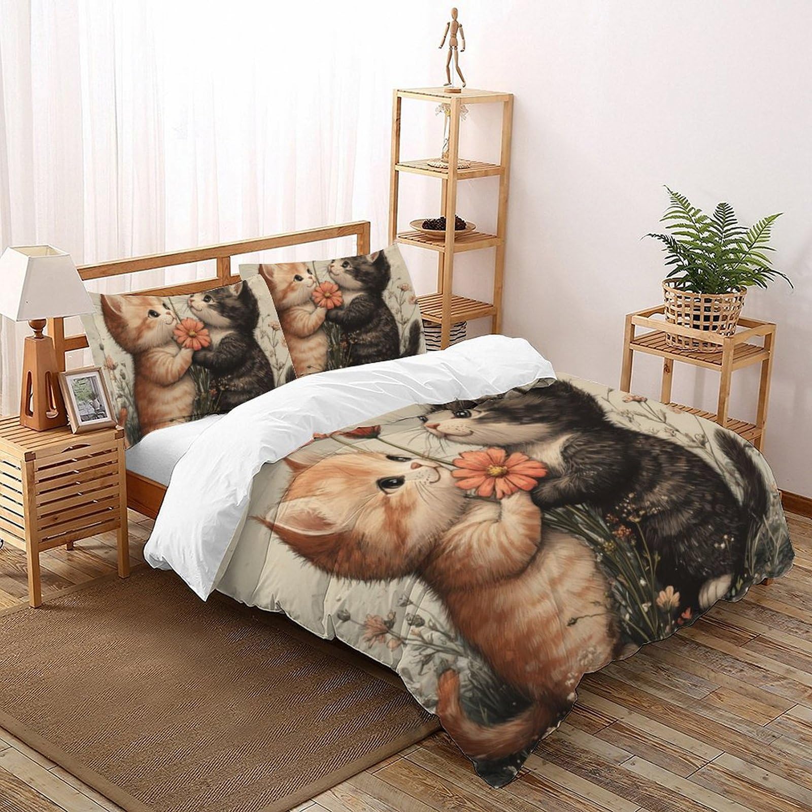 Housse de couette microfibre animaux literie Frère Chat 3D 220x240cm parure de lit 2 taies d'oreiller