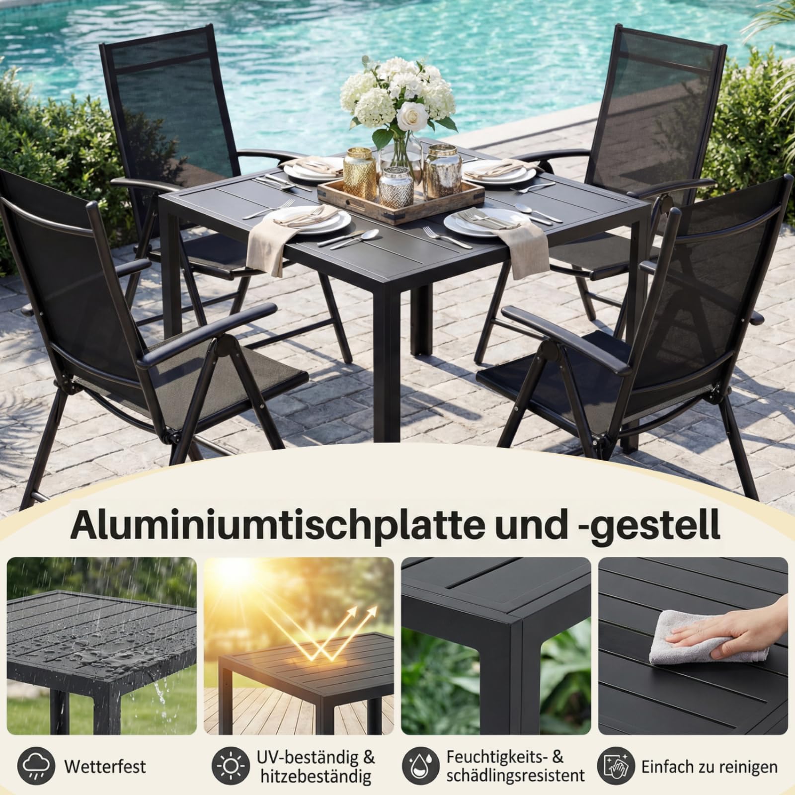 LIFERUN Gartentisch Wetterfest klein, 75x75 cm Aluminium Balkontisch | Outdoor Quadratisch Terrassentisch Vollmetalltisch für Garten, Terrasse und Balkon, Schwarz (11 cm schmales Brett)