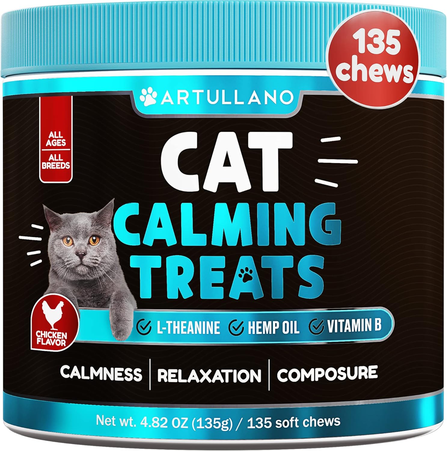 Hemp Cat Calming Treats - Cat Anxiety Relief - Storm Anxiety, Сomposure, Grooming, Separation, Travel - Calming Aid for Cats with Hemp Oil, L-Theanine - Cat Melatonin - Made in USA - 135 Soft Chews : Pet Supplies