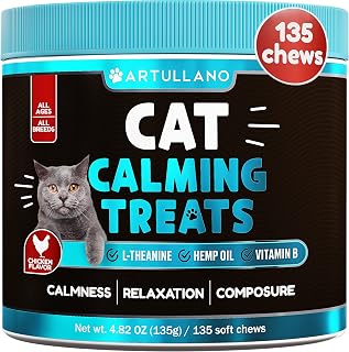 Hemp Cat Calming Treats - Cat Anxiety Relief - Storm Anxiety, Сomposure, Grooming, Separation, Travel - Calming Aid for Cats with Hemp Oil, L-Theanine - Cat Melatonin - Made in USA - 135 Soft Chews