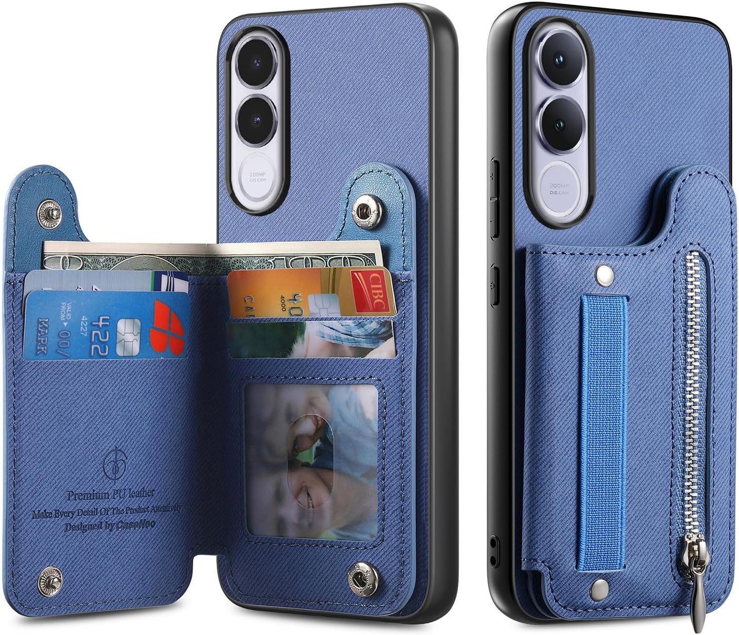 COQUE Skośny portfel RFID Vivo V70 FE, uchwyt na karty - niebieski | Tekstura skośna, szczeliny, pasek, RFID, kieszeń na suwak, skóra do Vivo V70 FE