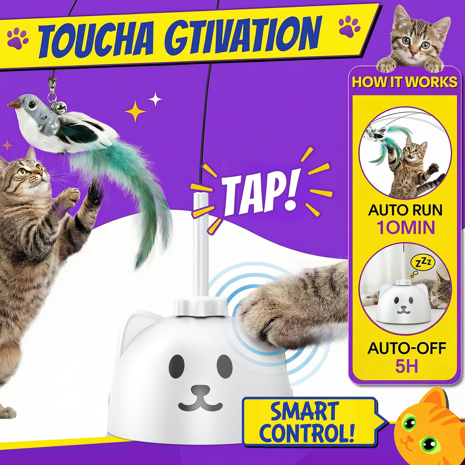 Juguetes interactivos para gatos de interior: varita de plumas de pájaro volador de giro automático de 360° mejorada con varilla protegida de silicona, fuerte ventosa de 8 cm, recargable por USB para