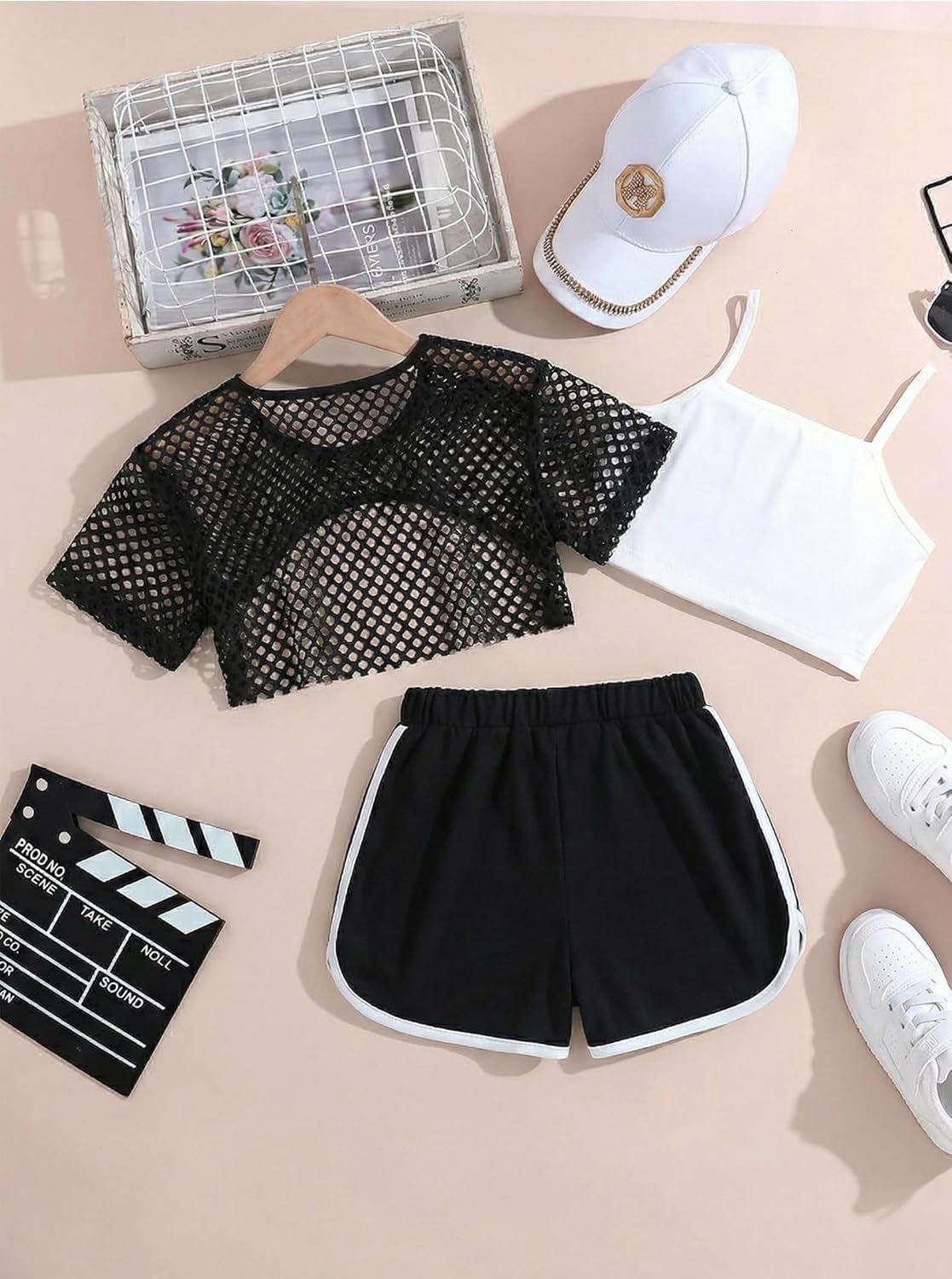 Girls Summer Outfits 3 Piece Cami Top and Short Sleeve Mesh Tee Kids Shorts Set - Image 4