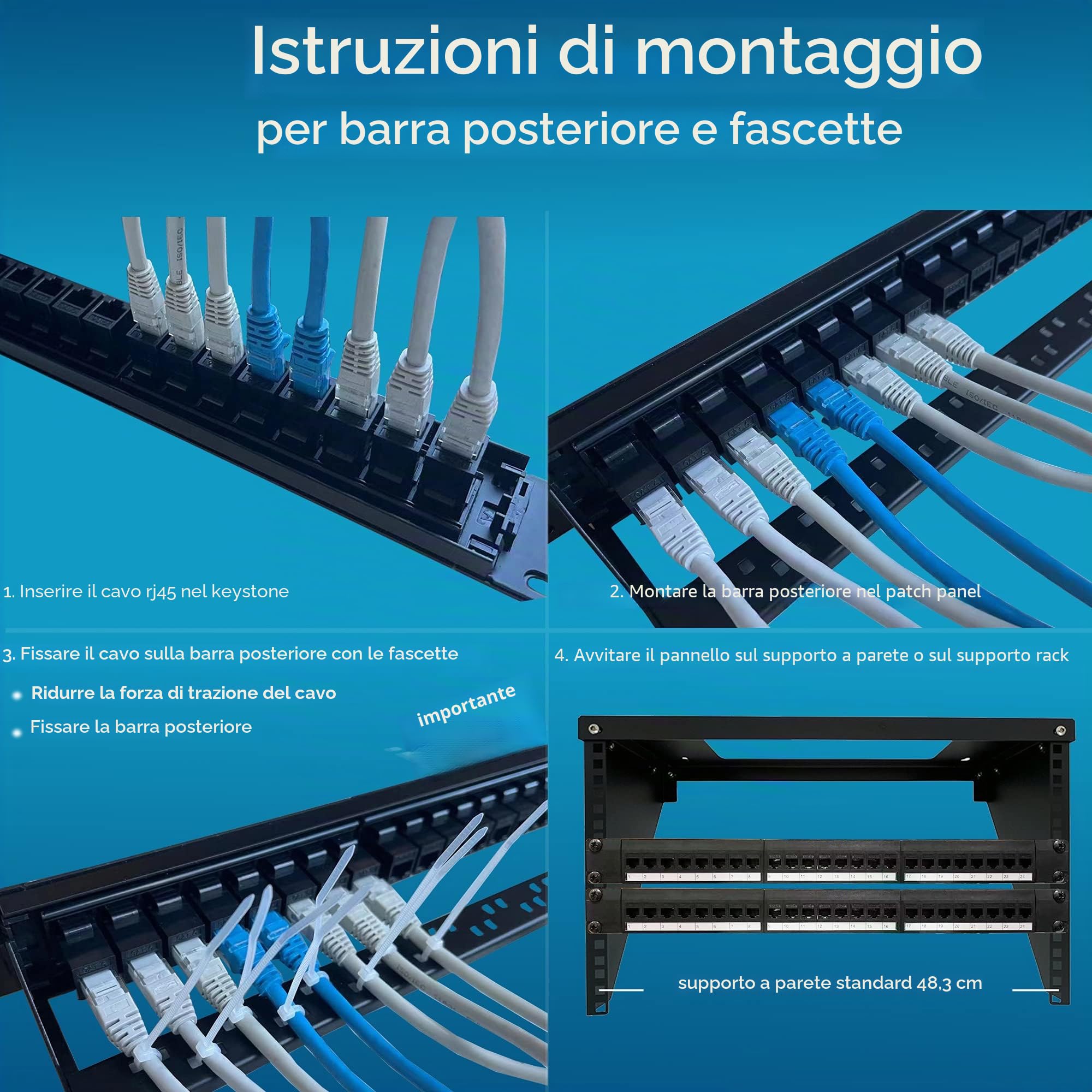 Rapink Patch Panel Cat6 a 24 porte con supporto Keystone in linea 10G, pannello patch PassThru accoppiatore UTP da 19 pollici con barra posteriore rimovibile, pannello patch di rete 1U per cablaggio
