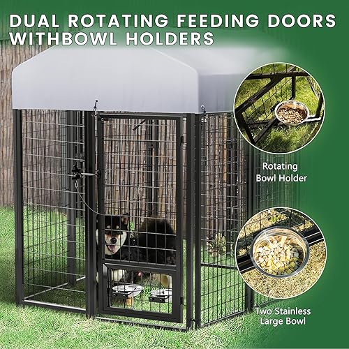 Miniatura 2 de PUKAMI Perrera exterior de 8 x 4 x 6 pies para perros grandes, alambre soldado de alta resistencia, valla para perros con techo y cuenco giratorio